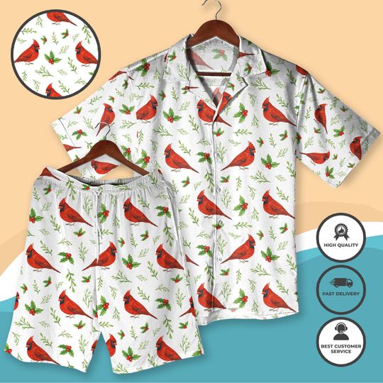 Cardinal Hawaiian Shirt and Short, Christmas Bird Print Vacation Outfit, Tropical Holiday Shirt, Summer Beachwear for Men Women, Bird Lover Gift
