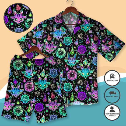 Discover Colorful Occult Goat Hawaiian Shirt, Witchy Gothic Aesthetic Vacation Outfit, Unisex Boho Witch Shirt and Short, Festival Magic Symbol Print