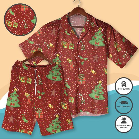 Discover Christmas Hawaiian Shirt, Holiday Tree and Gift Print Outfit, Funny Xmas Beachwear, Gingerbread and Stocking Shirt, Holiday Party Gift Shirt