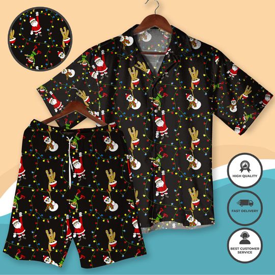 Discover Funny Christmas Hawaiian Shirt, Santa Claus Holiday Outfit, Christmas Lights Shirt and Shorts, Festive Vacation Beachwear, Xmas Party Gift