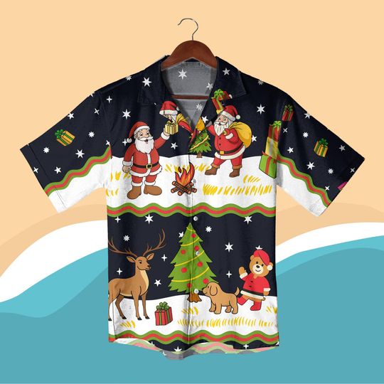 Discover Santa Claus Christmas Hawaiian Shirt, Funny Holiday Vacation Outfit, Xmas Reindeer Tree Print Beach Shirt and Shorts, Christmas Party Gift
