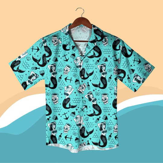 Discover Retro Mermaid Hawaiian Shirt Set Pinup Nautical Tattoo Style Aloha Outfit Beach Vacation Party Shirt Unique Christmas Gift for Men Women