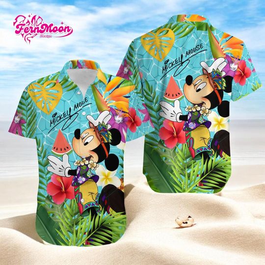 Discover Disney Mickey Mouse Hawaiian Shirt Tropical Floral Summer Button Up