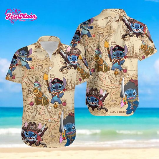 Discover Disney Stitch Pirate Hawaiian Shirt Lilo Stitch Beach Button Up Matching Disney Cruise Vacation Outfit