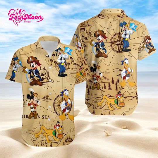 Discover Disney Mickey Pirate Map Hawaiian Shirt Tropical Button Up Summer Shirt