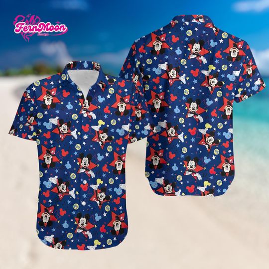 Discover Disney Mickey Mouse Hawaiian Shirt, Mickey Star Button Up Shirt, Disney Summer Cruise Outfit, AOP Hawaiian Shirt