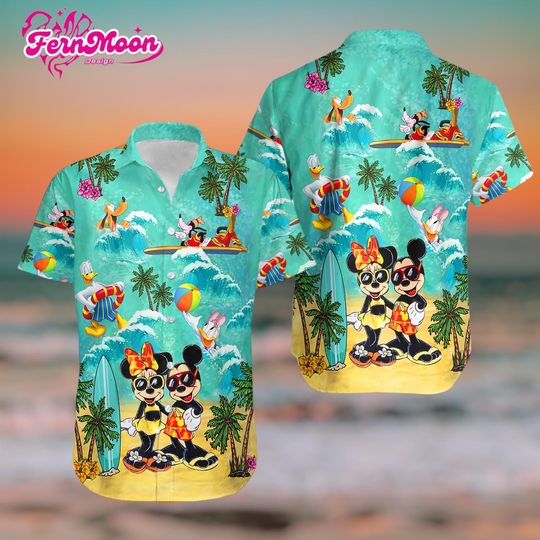 Discover Disney Mickey and Minnie Hawaiian Shirt, Mickey Mouse Aloha Shirt, Disney Beach Hawaiian Shirt, Cartoon Disney Summer Shirt