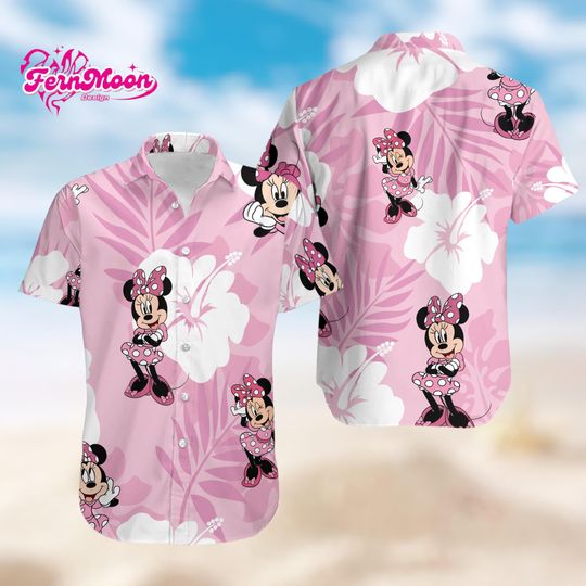 Discover Disney Minnie Mouse Pink Hawaiian Shirt, Cute Minnie Aloha Button Up, Summer Vacation Shirt