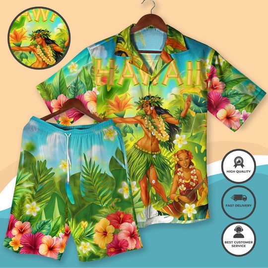 Discover Hula Girl Hawaiian Shirt and Shorts, Tropical Island Print Outfit, Hawaii Beach Aloha Shirt, Vacation Gift for Men Women Christmas Shirt Gifts