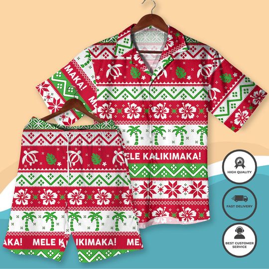 Mele Kalikimaka Hawaiian Shirt and Shorts, Christmas Aloha Outfit, Tropical Holiday Matching, Christmas Shirt Gifts