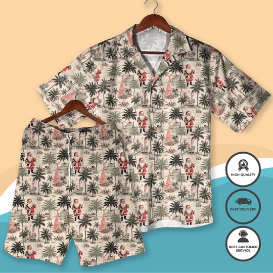 Discover Santa Christmas Hawaiian Shirt and Shorts, Tropical Holiday Shirt and Shorts, Aloha Xmas Outfit for Men Women