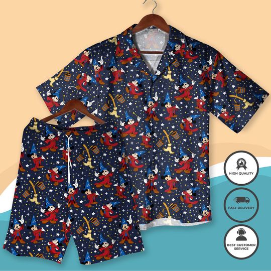 Discover Magic Sorcerer Mickey Hawaiian Shirt and Shorts, Mickey Vacation Outfit, Mickey Wizard Matching Shirt, Cartoon Aloha Shirt, Xmas Shirt Gifts
