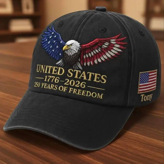 Discover Personalized 250 Years of Freedom Embroidered Baseball Cap with Patriotic Eagle Design