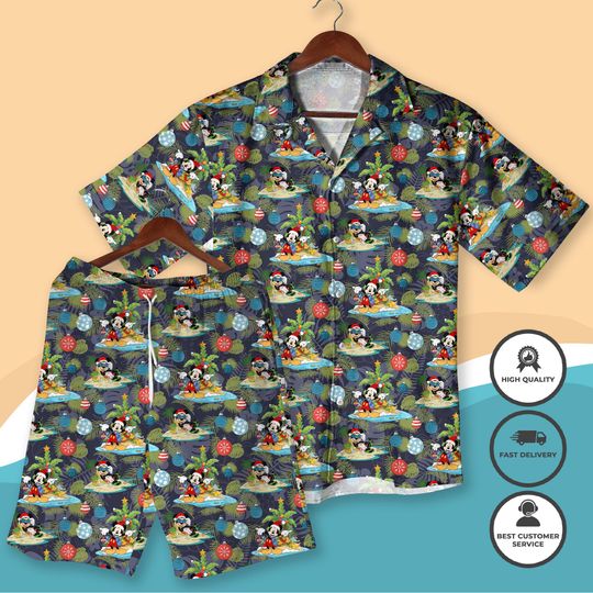Discover Christmas Mickey Hawaiian Shirt and Shorts, Mickey Holiday Vacation Outfit, Santa Mickey Surfing Aloha Shirt, Festive Xmas Matching Shirt