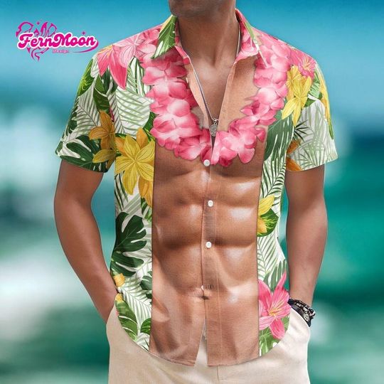 Discover Funny Muscle Hawaiian Shirt, Fake Abs Aloha Shirt for Men, Tropical Floral Beach Shirt, Summer Vacation Party Shirt