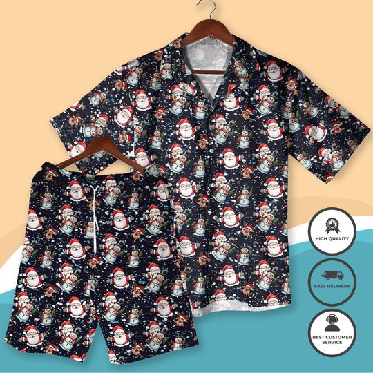 Discover Christmas Hawaiian Shirt and Shorts, Santa Claus Snowman Holiday Outfit, Funny Xmas Beach Shirt, Matching Set for Men Women