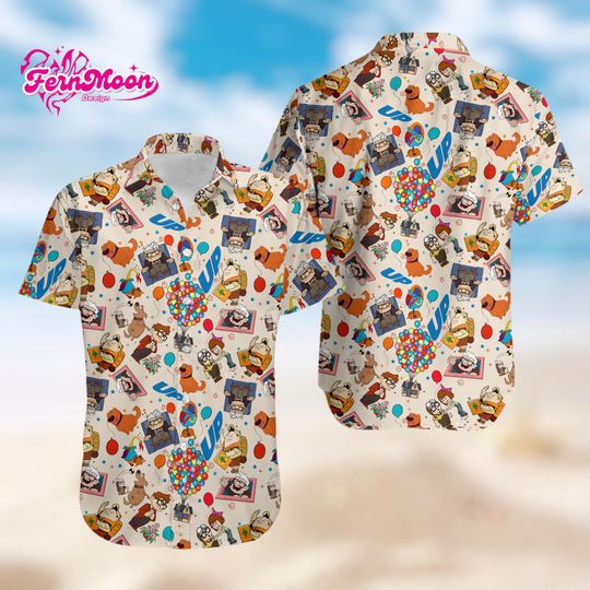 Disney Pixar Up Hawaiian Shirt, Carl And Ellie Aloha Shirt, Colorful Cartoon Button Up, Family Vacation Summer Gift