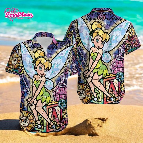 Discover Disney Tinker Bell Hawaiian Shirt Stained Glass Fairy Beach Shirt Matching Disney Vacation Outfit