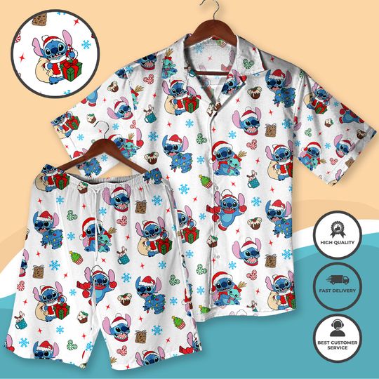 Discover Christmas Stitch Hawaiian Shirt and Shorts, Funny Holiday Aloha Stitch Shirt, Cute Stitch Santa Outfit, Xmas Gift for Him Her, Stitch Xmas Gift
