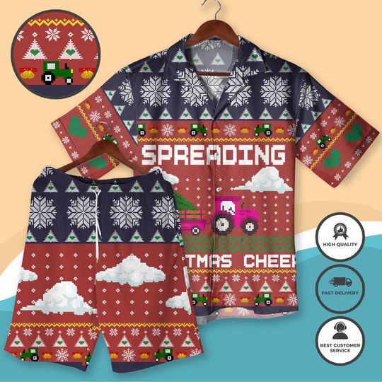 Discover Christmas Hawaiian Shirt and Shorts, Spreading Xmas Cheer Retro Tractor Print, Holiday Shirt for Men Women Fun Xmas Vacation Shirt