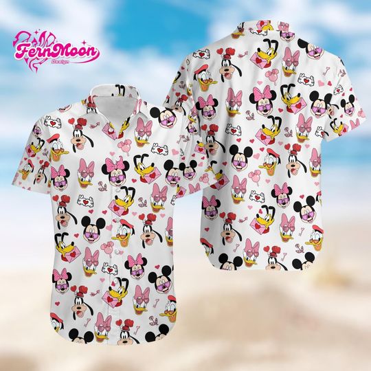 Discover Disney Mickey And Friends Valentine Hawaiian Shirt, Cute Minnie Mickey Love Aloha Shirt, Couple Valentine Beach Shirt