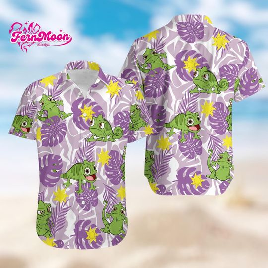 Disney Tangled Pascal Hawaiian Shirt, Cute Pascal Aloha Shirt, Purple Tropical Leaf Disney Vacation Button Up