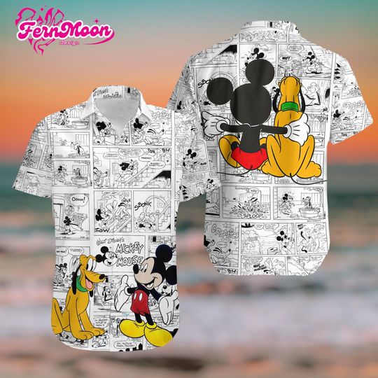 Discover Retro Disney Comics Hawaiian Shirt, Mickey Mouse and Pluto Aloha Shirt, Vintage Black White Disney Hawaiian Shirt