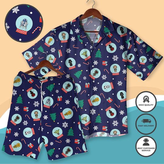 Discover Christmas Hawaiian Shirt & Shorts, Space Holiday Characters Sci-Fi Xmas Aloha Outfit, Festive Tropical Clothing Matching Xmas Shirt