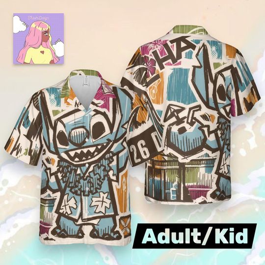 Discover Disney Inspired Graffiti Hawaiian Shirt, Cartoon Stitch Style Aloha Shirt, Unisex Adult Kid Street Art Button Up