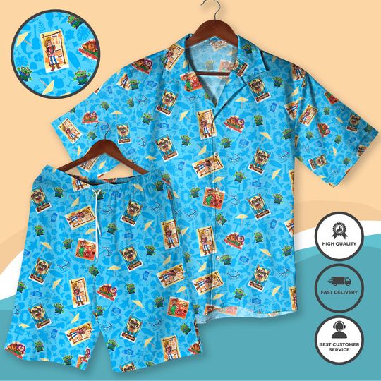 Cartoon Cowboy Hawaiian Shirt and Shorts, Retro Space Ranger Tropical Outfit, Cute Character Aloha Shirt, Summer Vacation Matching Shirt