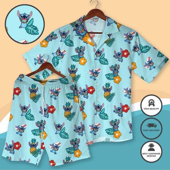 Discover Stitch Hawaiian Shirt and Shorts, Cute Alien Aloha Outfit, Tropical Floral Button Shirt & Shorts, Summer Vacation Matching Shirt Xmas Shirts