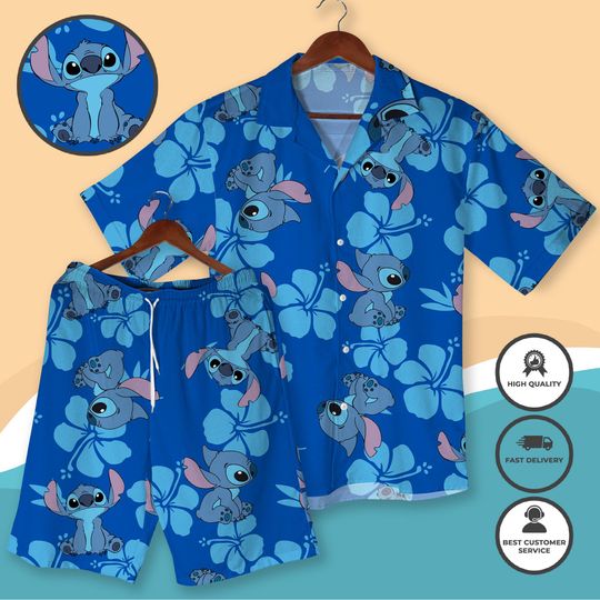 Discover Stitch Hawaiian Shirt and Shorts, Cute Alien Aloha Outfit, Tropical Floral Button Shirt, Christmas Vacation Matching Shirt Xmas Shirts