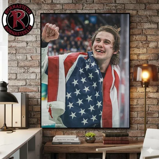Discover Jack Hughes Teeth Gold USA Hockey Team Olympic Winter 2026 Champion Poster