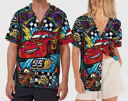 Discover Retro Disney Pixar Car McQueen Hawaiian Shirt, Disney Car Button Up Shirt, Disneyland Stain Glass Art Shirt