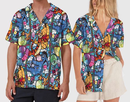 Discover Winnie The Pooh Hawaiian Shirt, Disney Pooh Balloon Button Up Shirt, Pooh Bear Stain Glass Style Shirt