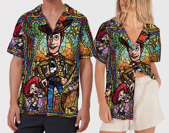 Discover Disney Toy Story Woody Hawaiian Shirt, Pixar Character Beach Stain Glass Style Shirt, Toy Story Button Up Shirt