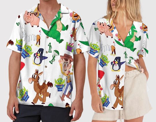 Discover Toy Story Inspired Hawaiian Button Up Shirt, Cute Cartoon Tropical Vacation Outfit, Summer Beach Party Shirt Gift