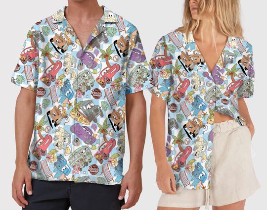 Discover Vintage Disney Car Hawaiian Shirt, McQueen and Friends Button Up Shirt, Radiator Springs Shirt, Disneyland Gift
