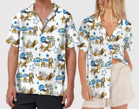 Toy Story Hawaiian Shirt, Slinky Dog Button Up Shirt, Toy Story Character Summer Vacation Outfit, Tropical Holiday Party Wear