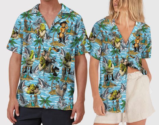 Discover Disney Shrek Cotton Hawaiian Shirt, Funny Shrek and Donkey Aloha Vacation Button Up Shirt, Shrek Party Short Sleeve Shirt
