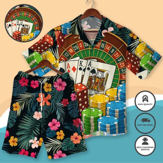 Discover Funny Poker Dice Roulette Hawaiian Shirt and Shorts, Tropical Gambling Print Men's Women Vacation Shirt and Shorts, Vegas Theme Gift