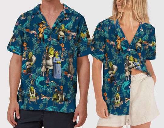 Shrek Hawaiian Shirt, Shrek and Fiona Hawaiian Vacation Shirt, Disney Donkey Aloha Hawaii Shirt, Shrek Gift for Travel