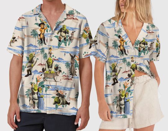 Shrek Aloha Hawaiian Shirt, Vintage Shrek and Fiona Disney Hawaii Shirt, Funny Trending Shrek Lover Gift, Shrek Meme Tropical Shirt
