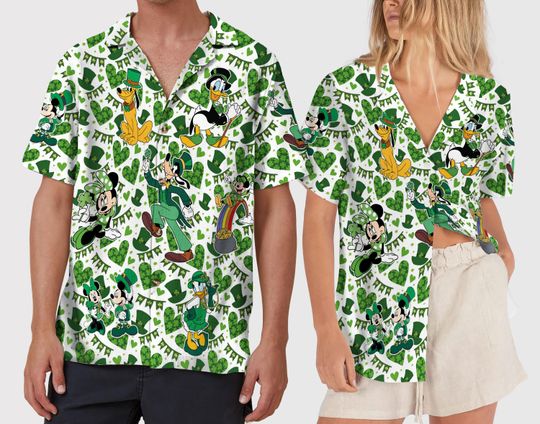 Discover Mickey and Friends Button Up Hawaiian Shirt, St Patricks Day Green Shirt, Tropical Summer Vacation Outfit