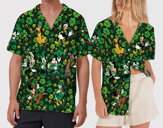 Discover Mickey Style Friends Hawaiian Shirt, St Patricks Day Outfit, Button Up Green Summer Shirt