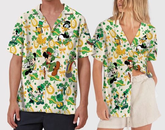 Discover Mouse Friends Hawaiian Shirt, St Patricks Day Button Up, Green Tropical Shirt, Lucky Holiday Outfit