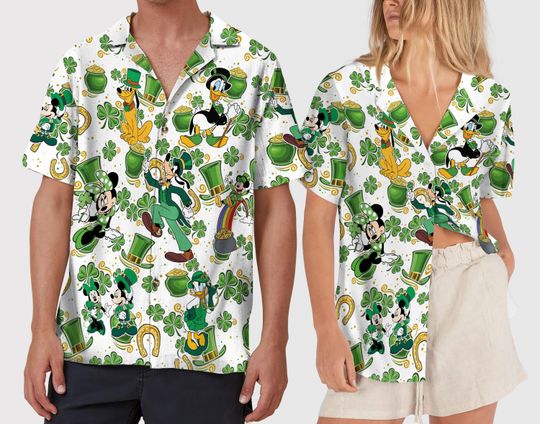 Discover Mickey and Friends Hawaiian Shirt, St Patricks Day Outfit, Button Up Green Tropical Summer Shirt