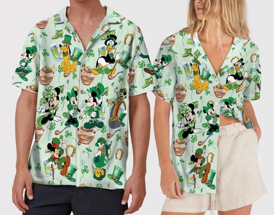 Discover Mickey Friends Button Up Hawaiian Shirt, St Patricks Day Shirt, Green Tropical Vacation Beach Wear