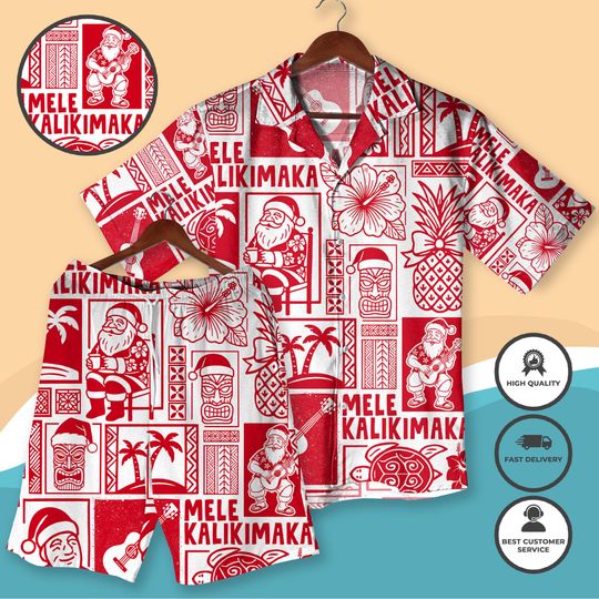 Discover Mele Kalikimaka Hawaiian Christmas Shirt Tropical Santa Aloha Shirt & Shorts Beach Holiday Outfit for Men Women - Christmas Party Gift