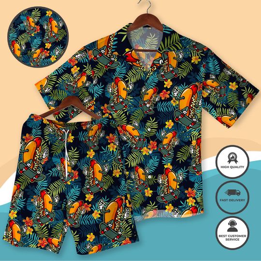 Discover Surfing Hawaiian Shirt  Tropical Cartoon Surfboard Aloha Shirt & Shorts, Fun Beach Outfit, Summer Vacation Clothing Gift for Men Women